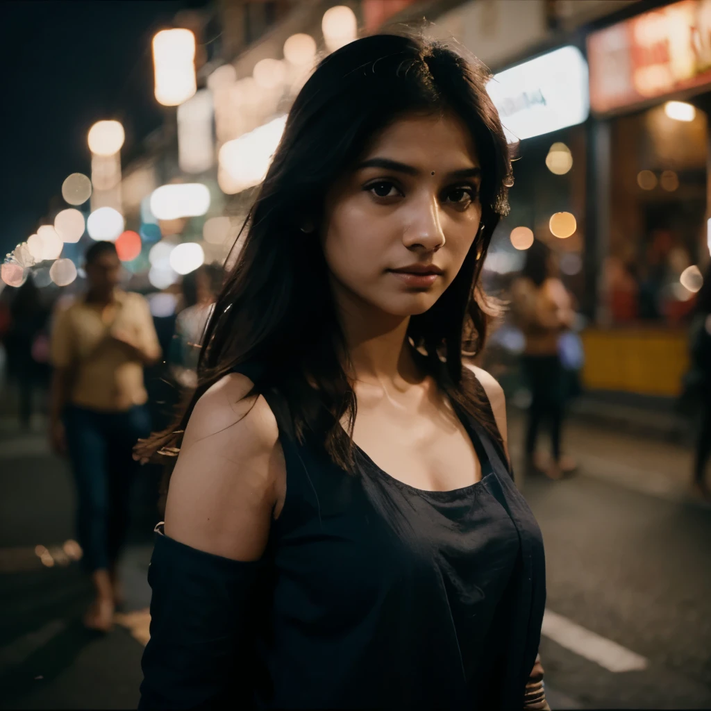 Indian woman polaroid photo, night photo, photo of 24 y.o beautiful woman, pale skin, bokeh, motion blur