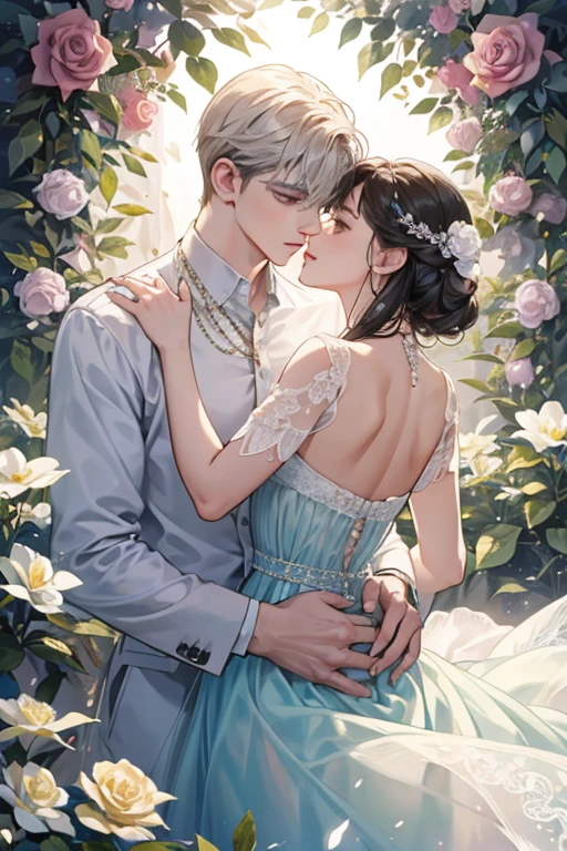 Create a captivating watercolor art of a man and a woman in an intimate moment, with the man holding a small gray rose from behind, enveloping the woman in a tender embrace. The woman is adorned in a blue dress, the color cascading down her figure, showcasing every intricate detail. Her diamond necklace glimmers in the soft light, adding a touch of elegance to the scene. The man wears an unbuttoned white shirt, the fabric falling gently over his broad shoulders.
Golden vines and little white flower rectangle designs weave intricately amongst them, adding a delicate and enchanting element to the artwork. The background showcases a mesmerizing