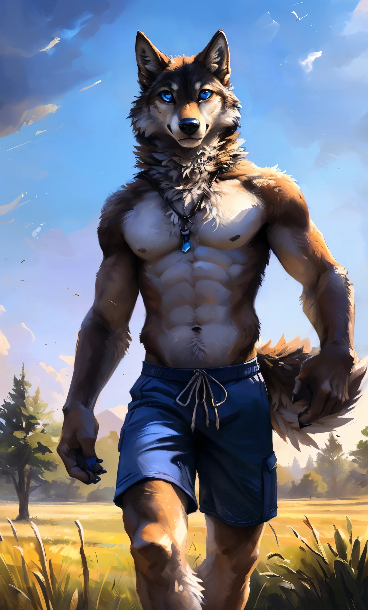 ((Solo)), male people, anthro wolf, (Multi-colored fur, White-brown:1.3,White tail pointed), (Height 2.1m,Tail length 1.2m), ((Wolf face, Big eyes, White eyelids, Blue pupil, Slim:1.2) (Tough, Calm expression:1.2)), Abs, Slim, pinging)), (Correct anatomy), (Work shorts:1.1), The upper body naked, (detailed outfits),A long big tail,Feet,(Realistic fur, Detailed fur texture, labeled:1.3)), (Natural lighting), Photorealistic, Hyperrealistic, ultradetailed, by Kenket,Field,erect through,Running on