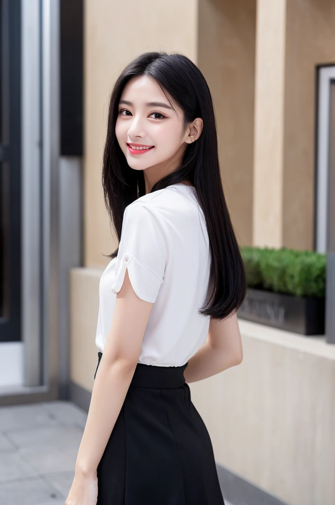 High-quality 4K、１girl、Women's Ana Style、shoulder-length hair、black hair、medium meat、smile、Wearing white blouse、Wearing a black tight skirt、droopy eyes、straight eyebrows、false eyelashes、dark eye shadow、Perfect makeup、office Street、