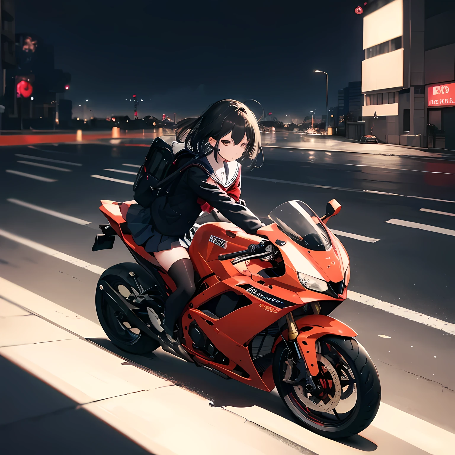 masterpiece, best quality, 1 girl, alone, jacket, Uniforms, Sefuku, Raise your legs high, Wear gloves, Wearing a backpack, black hair, black eyes, cyberpunk, street, mechanical, motorcycle, motorcycle, panoramic, helmet on, speed line, depth of field, motion blur, view, panoramic, riding, flowing hair, night, neon decoration, Handshake,