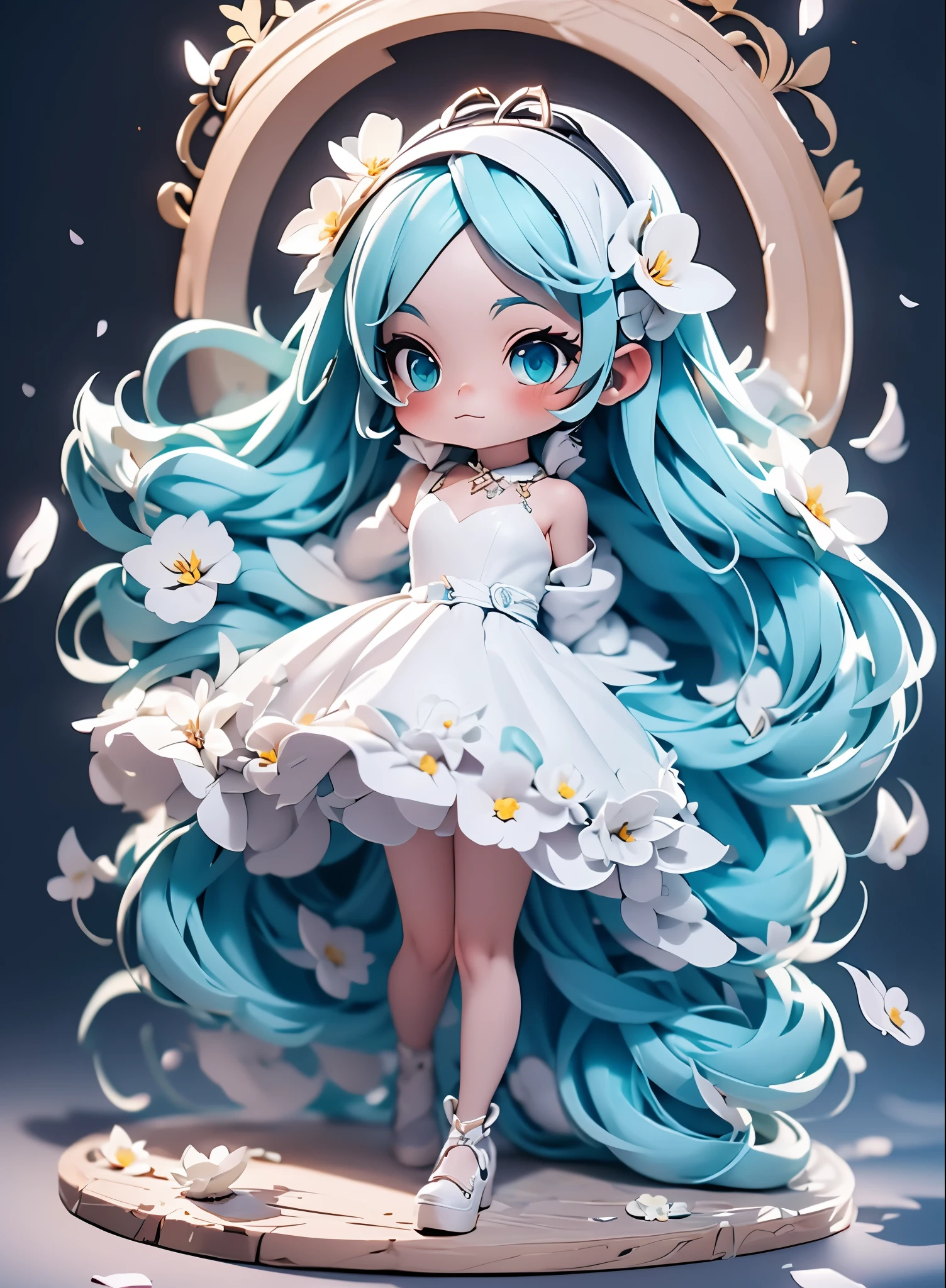 hatsune miku blue hair , Kagamine Rin yellow hair , White Wedding Dresses, long hair, flower hairpin, wedding bouquet wrapped in white paper, hand caressed hair, The effect of falling white petals, lily, big,