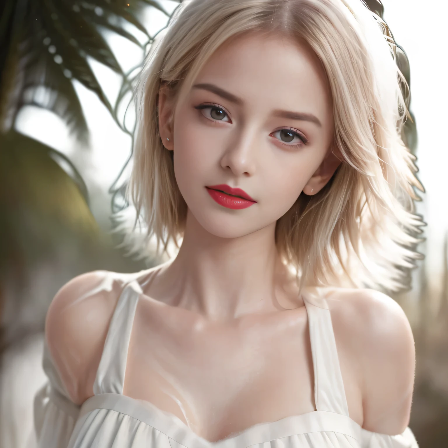 (8K, RAW photo, highest qualityの, masterpiece: 1.2), (realistic, realistic: 1.37), highest quality, ultra high resolution, Light leakage, dynamic lighting, Slim and smooth skin, (whole body:1.3), (soft saturation: 1.6), (Fair skin: 1.2), (Glossy skin: 1.1), oily skin, 22 years ago, night, shiny white blonde, well-shaped chest, hair blowing in the wind, whole bodyショット, Physically based rendering, from multiple angles, off shoulder pure white dress, Red glowing lipstick