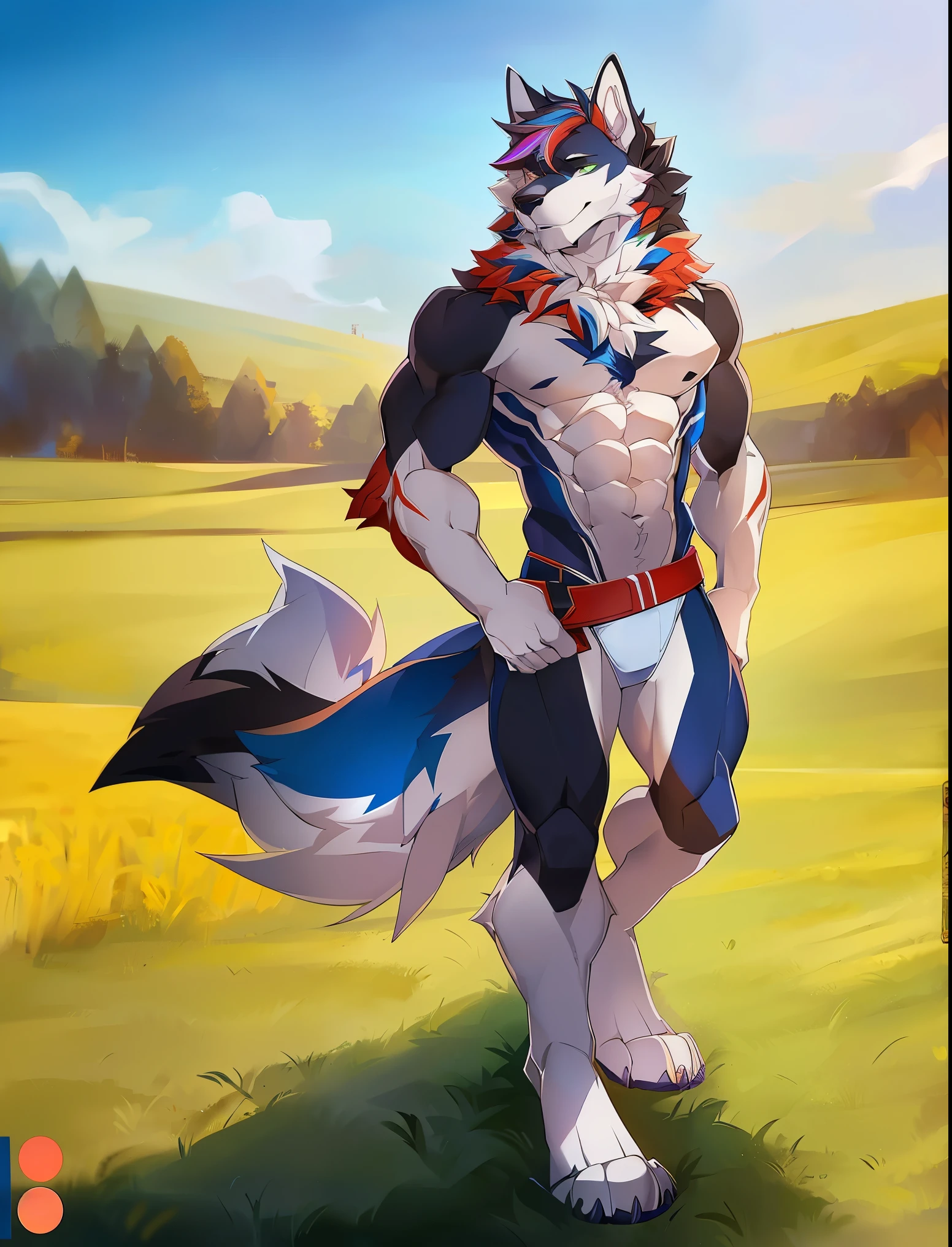 ((Solo)), male people, anthro wolf, (Multi-colored fur, White tail pointed), (Height 2.1 meters,Tail length 1.5m), Abs, pinginuscular, A long big tail, by patto, field