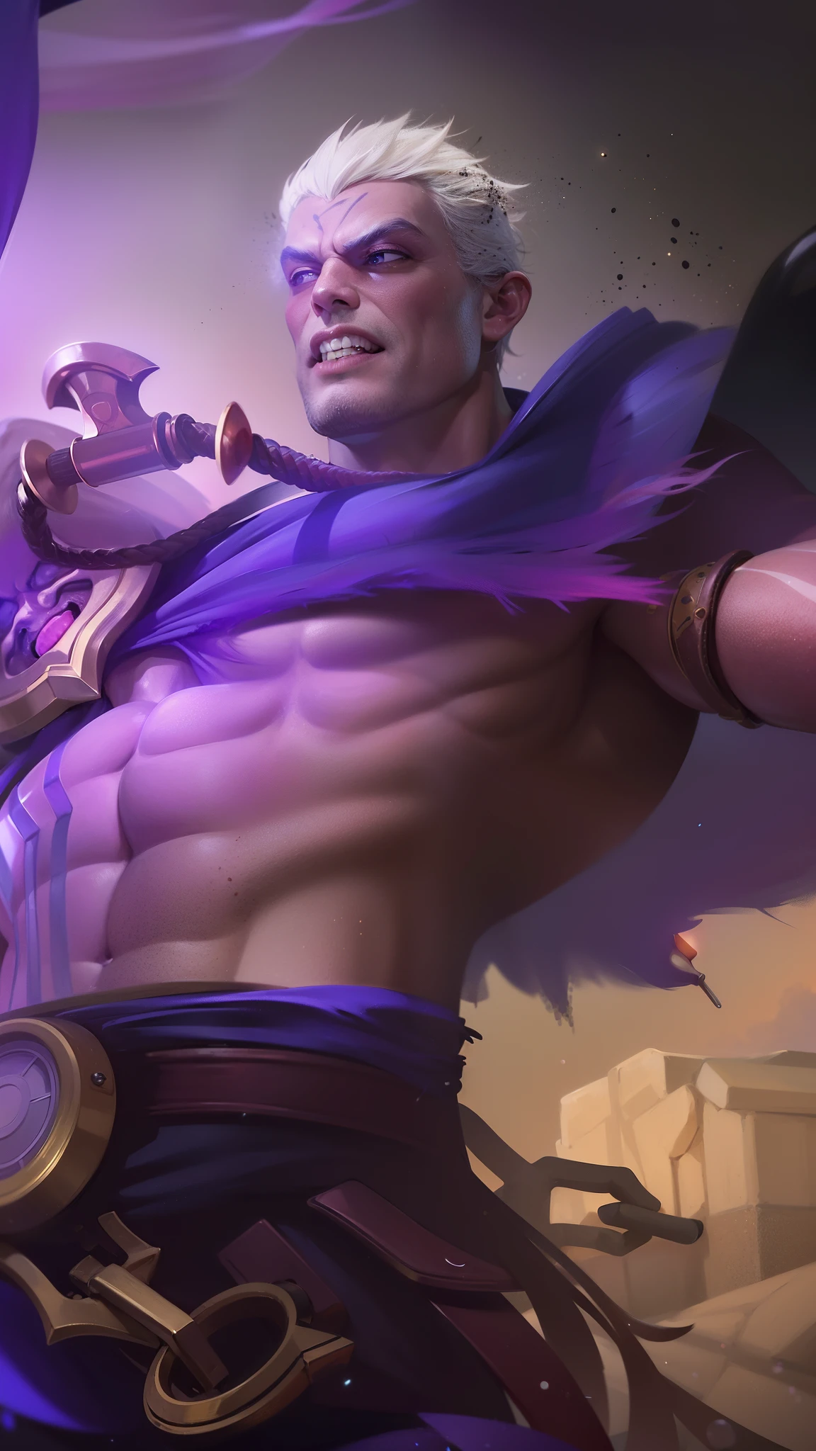 masculine male, masterpiece, ((perfect eyes)) best quality, (semirealism:1.9), beautiful lighting, (extremely detailed CG unity 4k fhd wallpaper), High Detail, Sharp focus, dramatic outdoors,40 years old, brown short hair, blue eyes, smile, Boy with two big horns, big earrings on ears, elf ear, red eyes, Thick eyebrows, evil smile, grinning,red body, red face, Burning skin, yellow diamonds glistening on chest, burning red skin,golden robe behind, big white belt , 8k , realistic, scary.