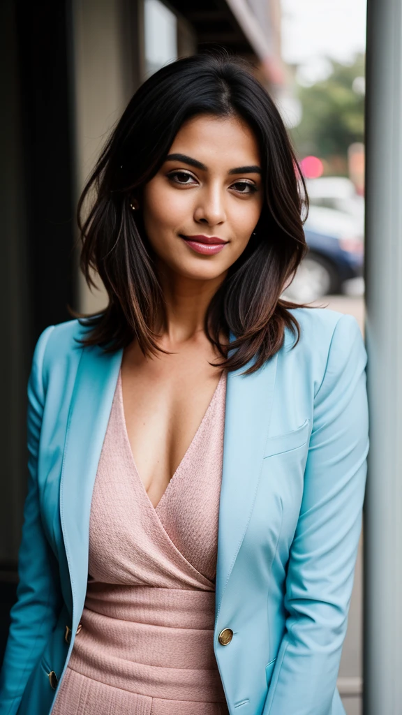 create a hyper realistic vertical photo of Indian most attractive woman flirty gaze in her 40s, blue suit, Layered Bob for Thick Hair, trending on art station, portrait, digital art, modern, sleek, highly detailed, formal, determined, CEO, colorized, smooth, charming, pretty, soft smile, pink lipstick, soft lips,