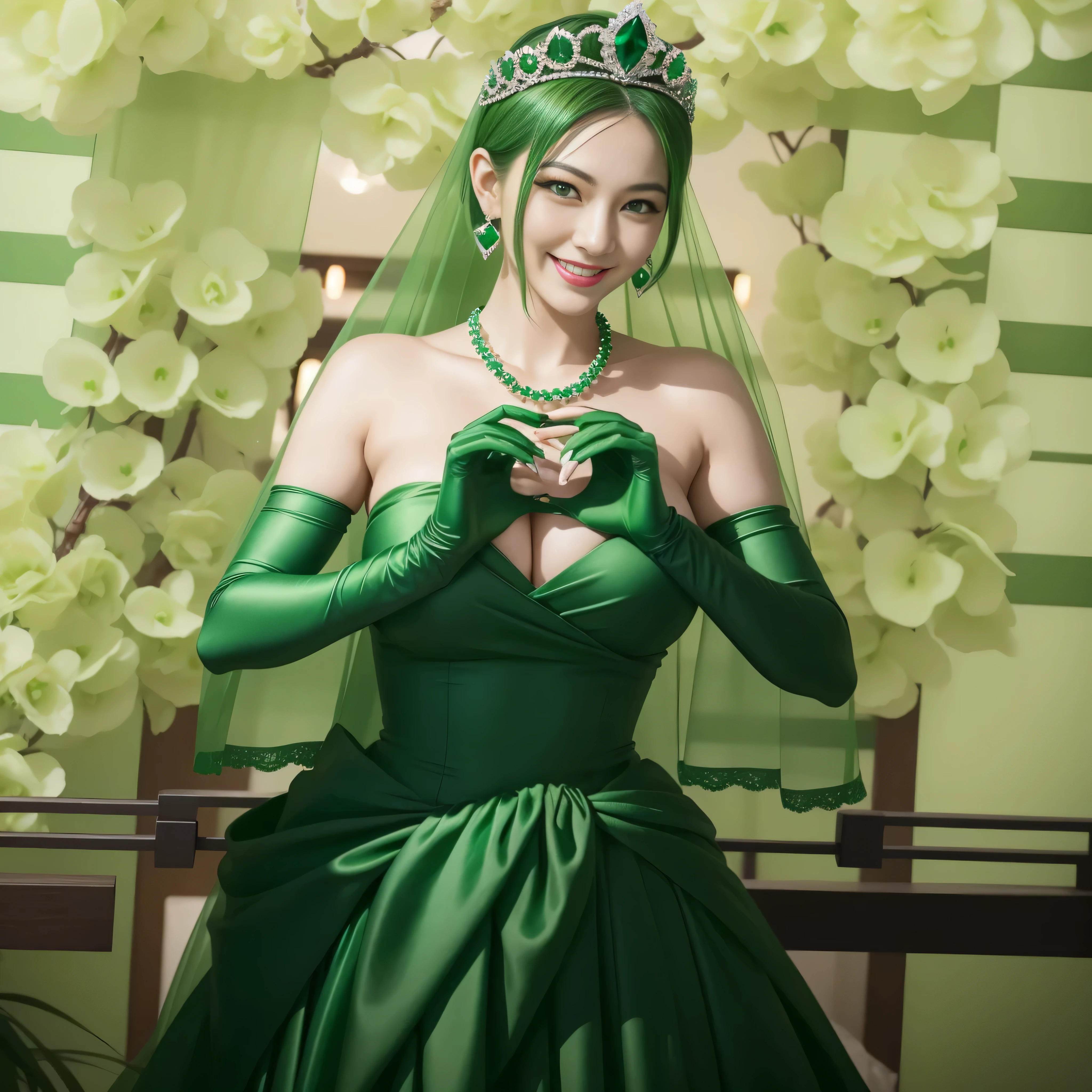 emerald tiara, green pearl necklace, ボーイッシュな非常に短いgreen hair, lipstick, smiling Japanese woman, very short hair, Beauty with large breasts, green eyes, Long Green Satin Gloves, green eyes, emerald earrings, green veil, heart with both hands, green hair
