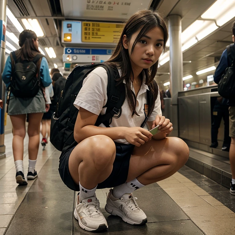 A beautiful 12-year-old girl crouching with Asian features dressed as a  with short socks with her backpack on her back in a subway station with her little sister 