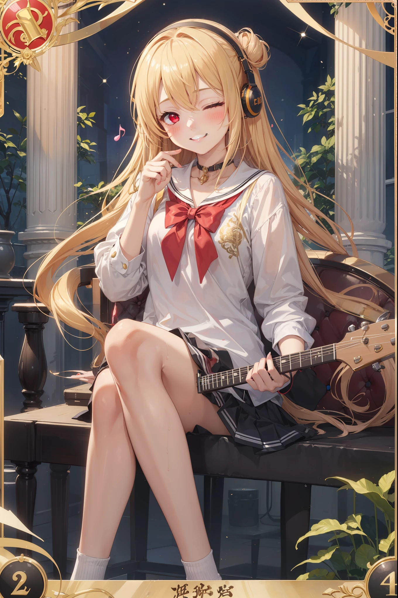 1Girl, golden hair, sharp red eyes but closed 1 eyes, blush, harm smile, wearing high school girl clothes, sitting while playing music tools, make it like tarot anime-style but no frame