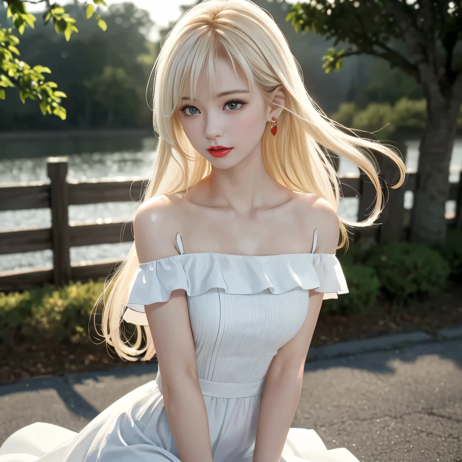 ((Girl sitting on a bench in a lakeside park))、Highest quality work、Actual work、Ultra Premium Graphics、8K HD CG Works、High Quality Graphics、High-definition CG works、10x pixels、Ultra-fine detail:1.1、High level of technical detail:1.1 Photorealistic、Natural light:1.5、(((Straight Van、Princess Van))、(((Very Heavy、Volume Bang:1.1))、(((Very Long、Very Heavy、Very Volume Side Lock:1.1)、Hime Cut、Straight bangs、Round Face Ugly Bangs、Ugly Long Bangs、Bangs straight、(masterpiece、Highest quality:1.5)、(Ultra-fine 8K CG:1.4)、(Hyperreal:1.25)、(Real:1.4)、((Golden white hair))、Thin eyebrows、High nose、Nice red lips、Rosy Cheeks、A face with subtle makeup、Cute Face、Perfectly balanced face、()、Light-toned foundation enhances skin transparency、、(Wet off-the-shoulder white dress))。40k、photograph、Tabletop、Highest quality、rain background、(1. A girl with beautiful eyes and light hair、 White skin、Mr. Miss.々Pose。((Medium size chest、:1.1))、highest quality、Tabletop、Ultra-high resolution、(Real:1.4)、RAWphotograph、(Perfect Figure)、(slim:1.3)、Slim abdomen、Perfect slim figure、Dynamic Pose、alone、Cold light 12000K、Very detailedな顔と肌の質感、detailed、Realistic eyes、Beautiful details、(Real Skin)、charm、Ultra-high resolution、Surreal、Very detailed、（(She&#39;s wet))