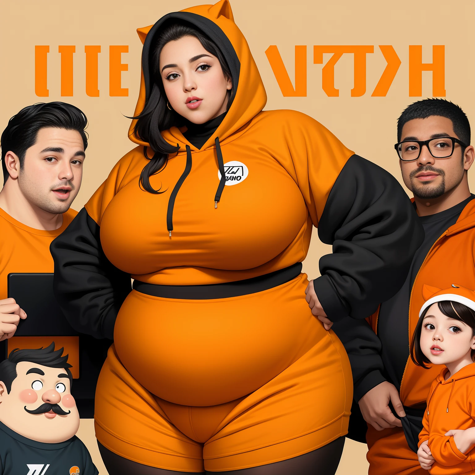  cartoon of a fat woman in an orange hoodie and black tights, moletom com capuz grande, grosso, gordo, gym clothes, fanart de garota urbana, valkyrie style character, laranja e preto, design de personagem altamente detalhado, conceito de personagem irrealista, colored sketch de alta qualidade , design de personagem de corpo inteiro, colored sketch, retrato de corpo inteiro de um curta !, cartoon style illustration, design de roupa, conceito de personagem de corpo inteiro, design detalhado de personagem. Big stomach. barriga larga. gordinho. gordo
