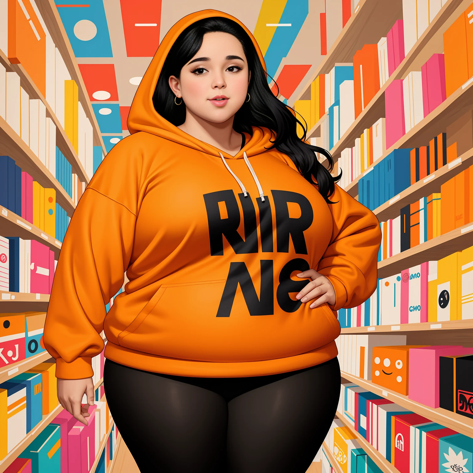  cartoon of a fat woman in an orange hoodie and black tights, moletom com capuz grande, grosso, gordo, gym clothes, fanart de garota urbana, valkyrie style character, laranja e preto, design de personagem altamente detalhado, conceito de personagem irrealista, colored sketch de alta qualidade , design de personagem de corpo inteiro, colored sketch, retrato de corpo inteiro de um curta !, cartoon style illustration, design de roupa, conceito de personagem de corpo inteiro, design detalhado de personagem. Big stomach. barriga larga. gordinho. gordo
