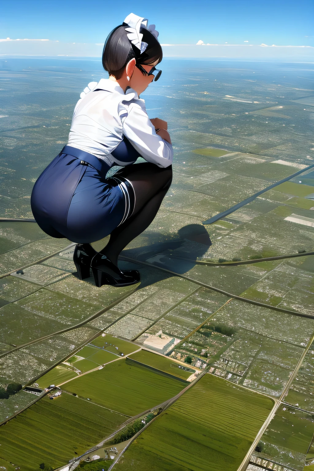 Giantの芸術, 非常に詳細なGiantショット, Giant, short hair, A maid that is much bigger than a skyscraper, wearing rimless glasses, big breasts, big ass, navy maid uniform, black pantyhose, black shoes, very small metropolis, miniature metropolis, Squat down and look down on the big city, full body description, GTS, ギガGiant, Stomping City, crash city, Small town, micro city, maid,