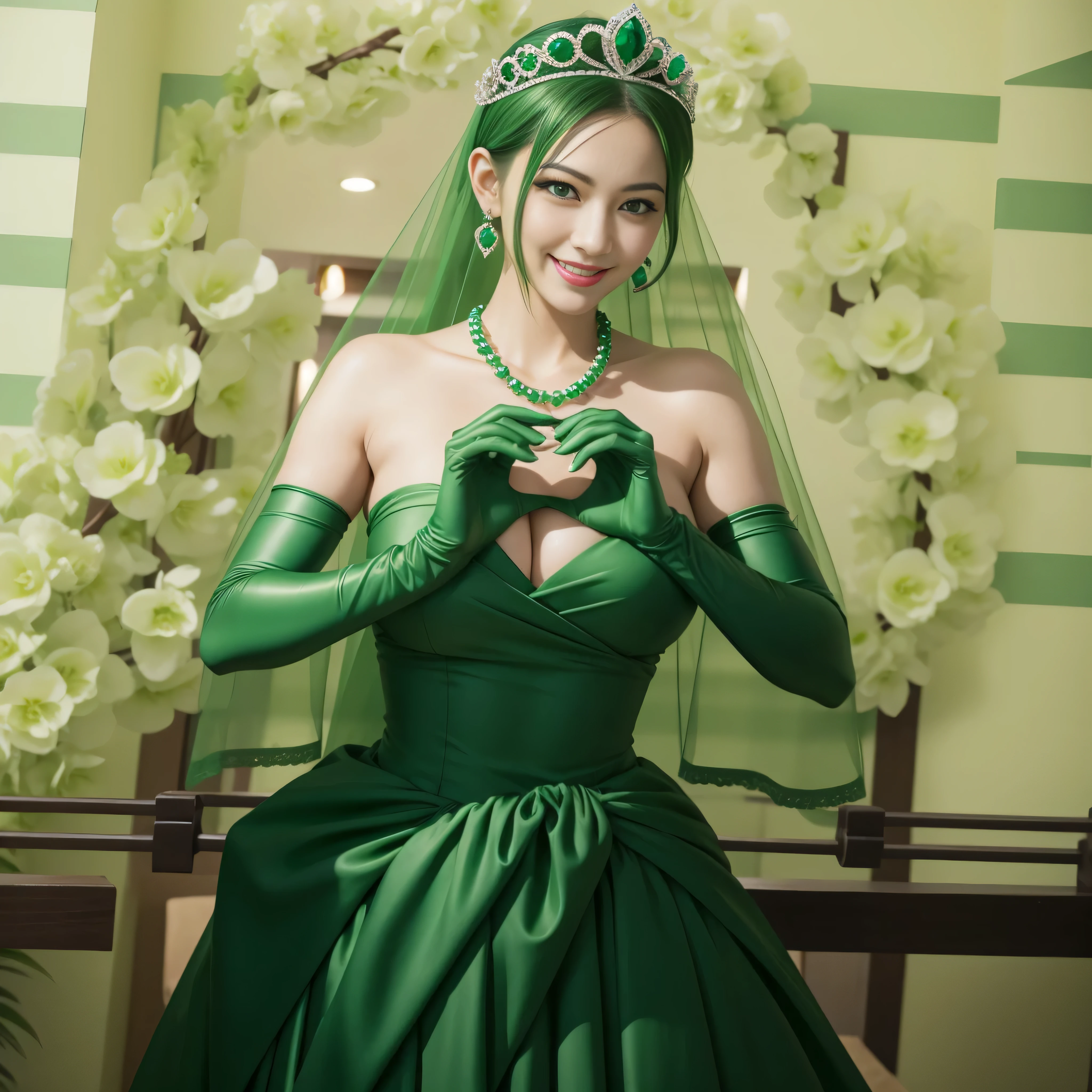 emerald tiara, green pearl necklace, ボーイッシュな非常に短いgreen hair, lipstick, smiling Japanese woman, very short hair, Beauty with large breasts, green eyes, Long Green Satin Gloves, green eyes, emerald earrings, green veil, heart with both hands, green hair