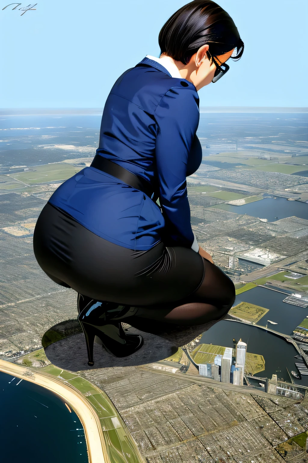 Giantの芸術, 非常に詳細なGiantショット, Giant, short hair, A maid that is much bigger than a skyscraper, wearing rimless glasses, big breasts, big ass, navy maid uniform, black pantyhose, black shoes, very small metropolis, miniature metropolis, Squat down and look down on the big city, full body description, GTS, ギガGiant, Stomping City, crash city, Small town, micro city, maid,