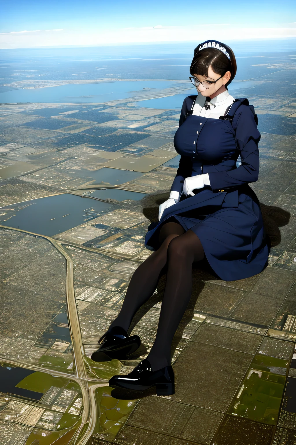 Giantの芸術, 非常に詳細なGiantショット, Giant, short hair, A maid that is much bigger than a skyscraper, wearing rimless glasses, big breasts, big ass, navy maid uniform, black pantyhose, black shoes, very small metropolis, miniature metropolis, Squat down and look down on the big city, full body description, ＧＴＳ, ギガGiant, Stomping City, crash city, Small town, micro city, maid, 