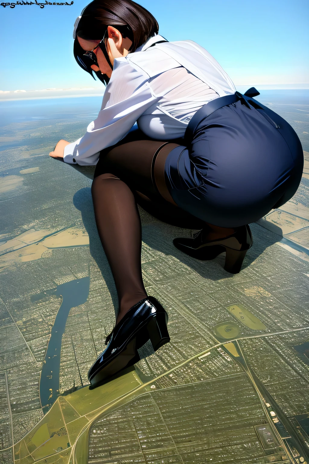 Giantの芸術, 非常に詳細なGiantショット, Giant, short hair, A high school girl who is much bigger than a skyscraper, wearing rimless glasses, big breasts, big ass, navy blazer, red tie, mini skirt, black pantyhose, pantyhose barefoot, Steam comes out from the soles of the feet, very small metropolis, miniature metropolis, crush the big city, full body description, ＧＴＳ, ギガGiant, stomping city, crash city, small town, micro city, High resolution, highest quality, masterpiece, Pee, 