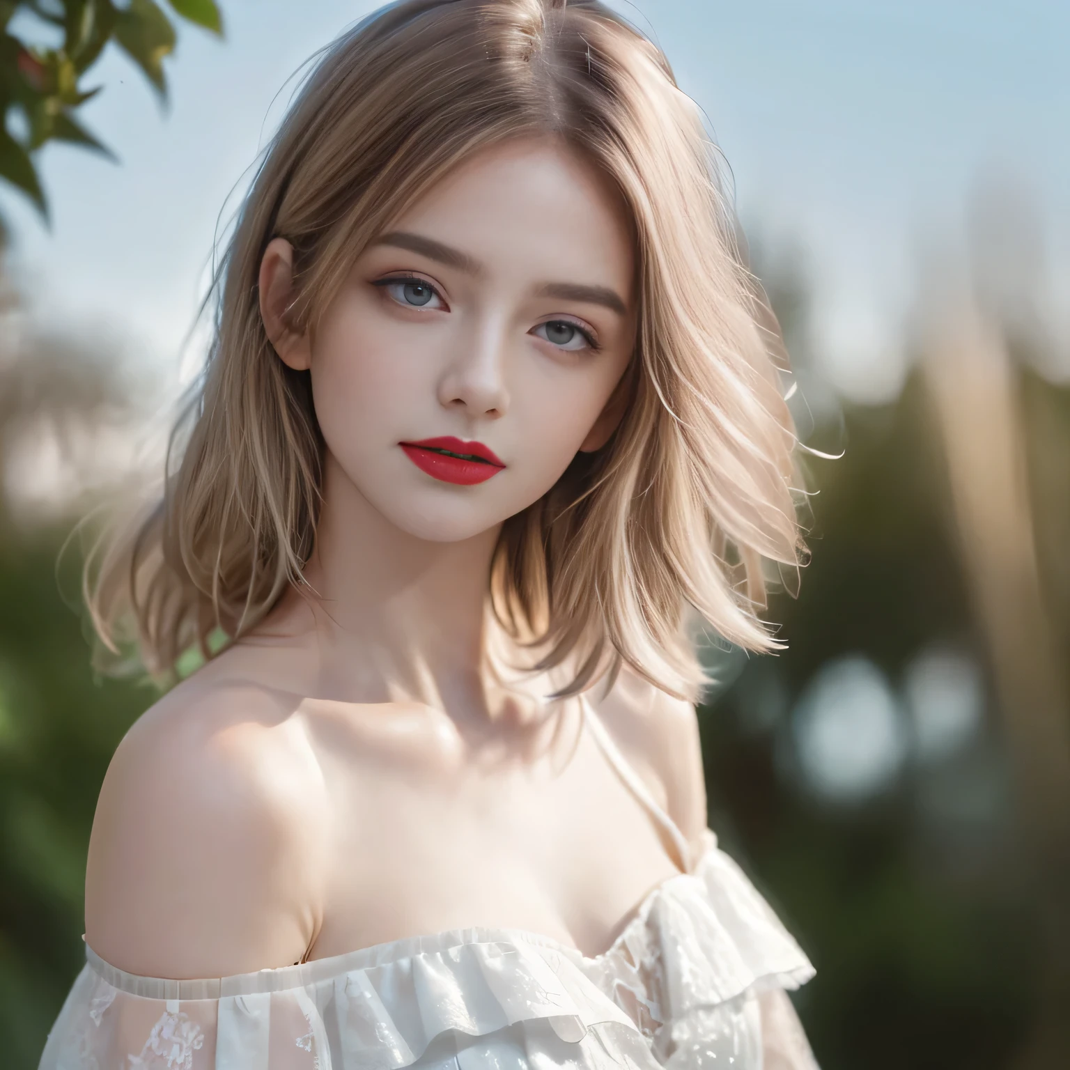 (8K, RAW photo, highest qualityの, masterpiece: 1.2), (realistic, realistic: 1.37), highest quality, ultra high resolution, Light leakage, dynamic lighting, Slim and smooth skin, (whole body:1.3), (soft saturation: 1.6), (Fair skin: 1.2), (Glossy skin: 1.1), oily skin, 22 years ago, night, shiny white blonde, well-shaped chest, hair blowing in the wind, whole bodyショット, Physically based rendering, from multiple angles, off shoulder pure white dress, Red glowing lipstick