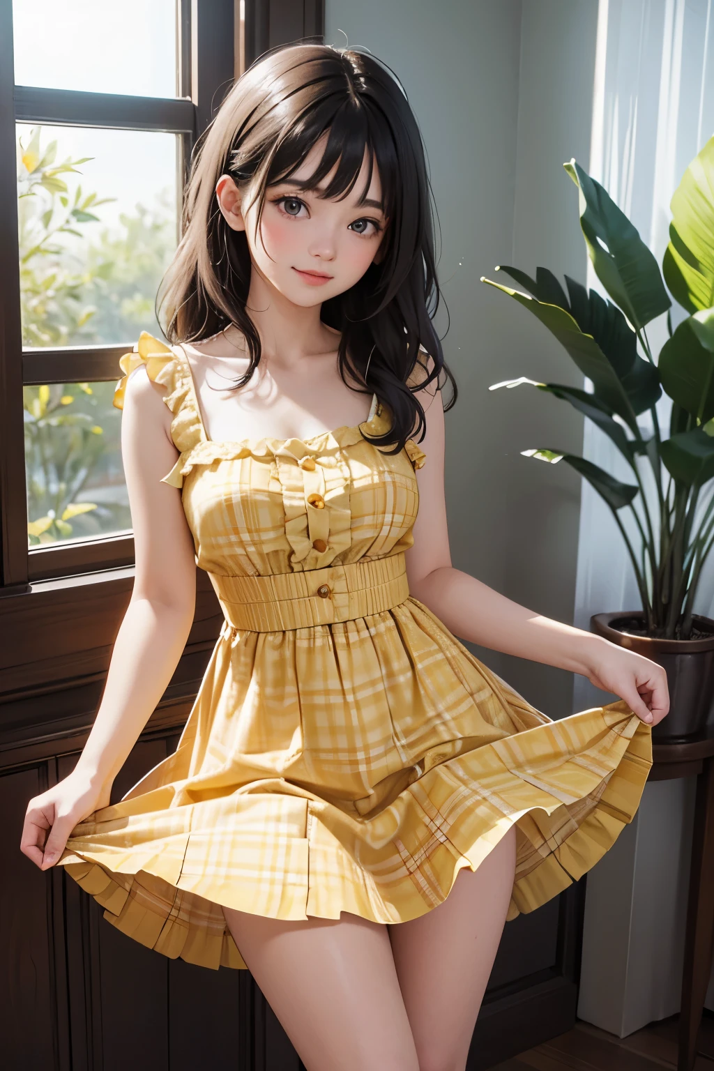 very cute and beautiful girl standing near window,(yellow plaid summer dress with detailed frills),sleeveless,detailed lace,skirt lift,white panties, (highly detailed beautiful face and eyes:1.2),antique hotel bedroom with outside view,distant trees and ocean, cowboy shot,(smile:1.2),blush,medium hair,black hair, (best quality,masterpiece:1.2),absurdres,highres,ultra-detailed,extremely detailed,32k,8k resolution, intricate details,cinematic scene,detailed background,solo,dynamic angle, natural lighting,light particles,beautiful detailed sky,