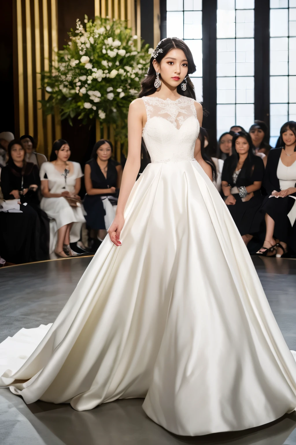 very beautiful Korean woman, perfect face, black long curly hair, she is walking on a fashion catwalk in an elegant all-white designer ornate wedding dress, wears earrings, she is being photographed