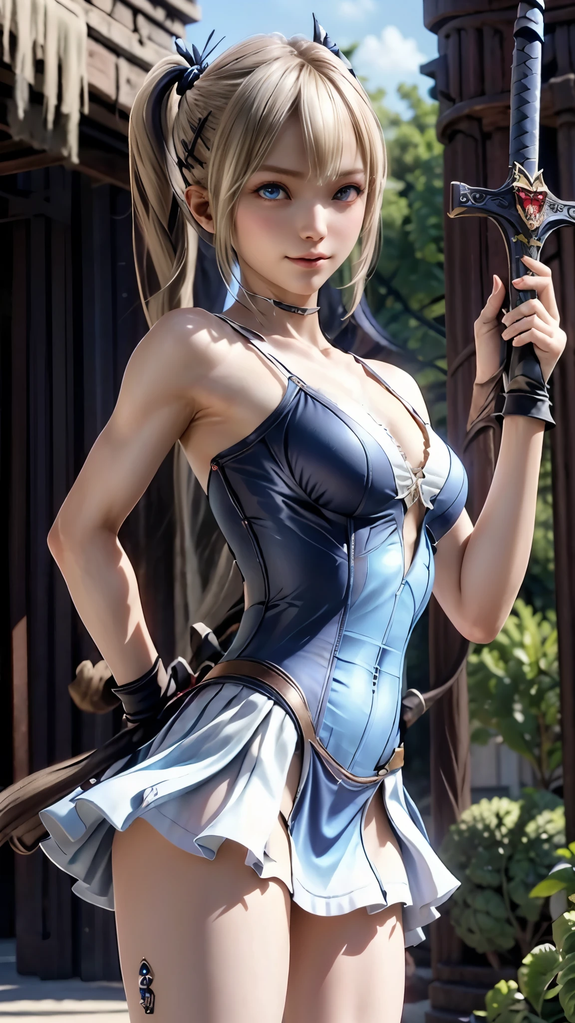 ((highest quality)), ((masterpiece)), (detailed:1.4), 。.。.。.3D, beautiful cyberpunk woman image,nffsw(high dynamic range),ray tracing,NVIDIA RTX,super resolution,unreal 5,Scattered beneath the surface,PBR texturing,post processing,anisotropic filtering,Depth of bounds written,maximum clarity and sharpness,multilayer texture,Albedo and specular maps,surface shading,Accurate simulation of light-matter interactions,perfect proportions,octane rendering,two-tone lighting,wide aperture,Low ISO、White balance、Rule of thirds、8K students、((Holding a sword in your hand))(((white and blue clothes)))((blonde))