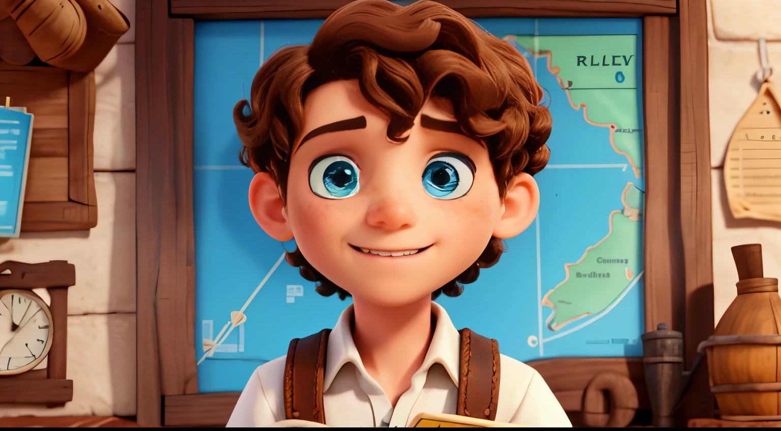 Alija Rúnar, a with ocean blue eyes, curly sandy-brown hair, and a face adorned with cute freckles, holding the old treasure map with excitement in his eyes, white plain background.
