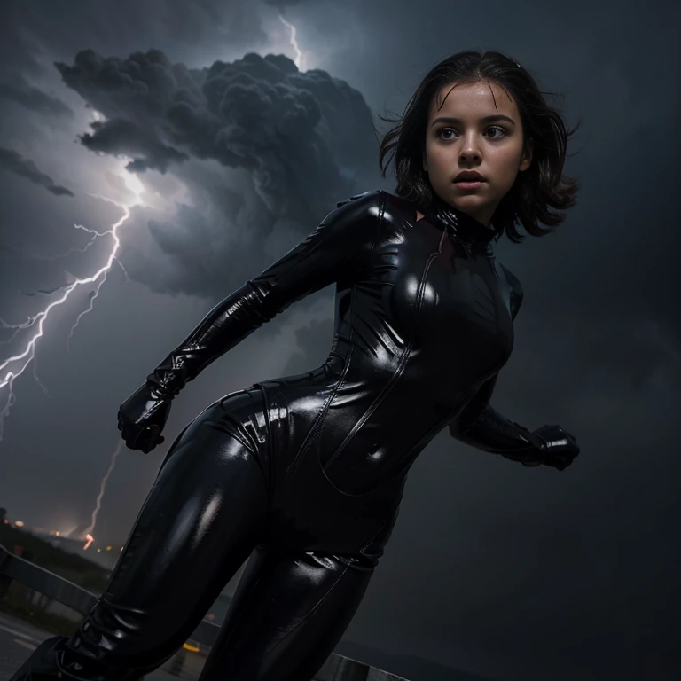 Small 10-year-old female superhero with a latex suit tight to her body, volando, in the middle of a storm with lightning,