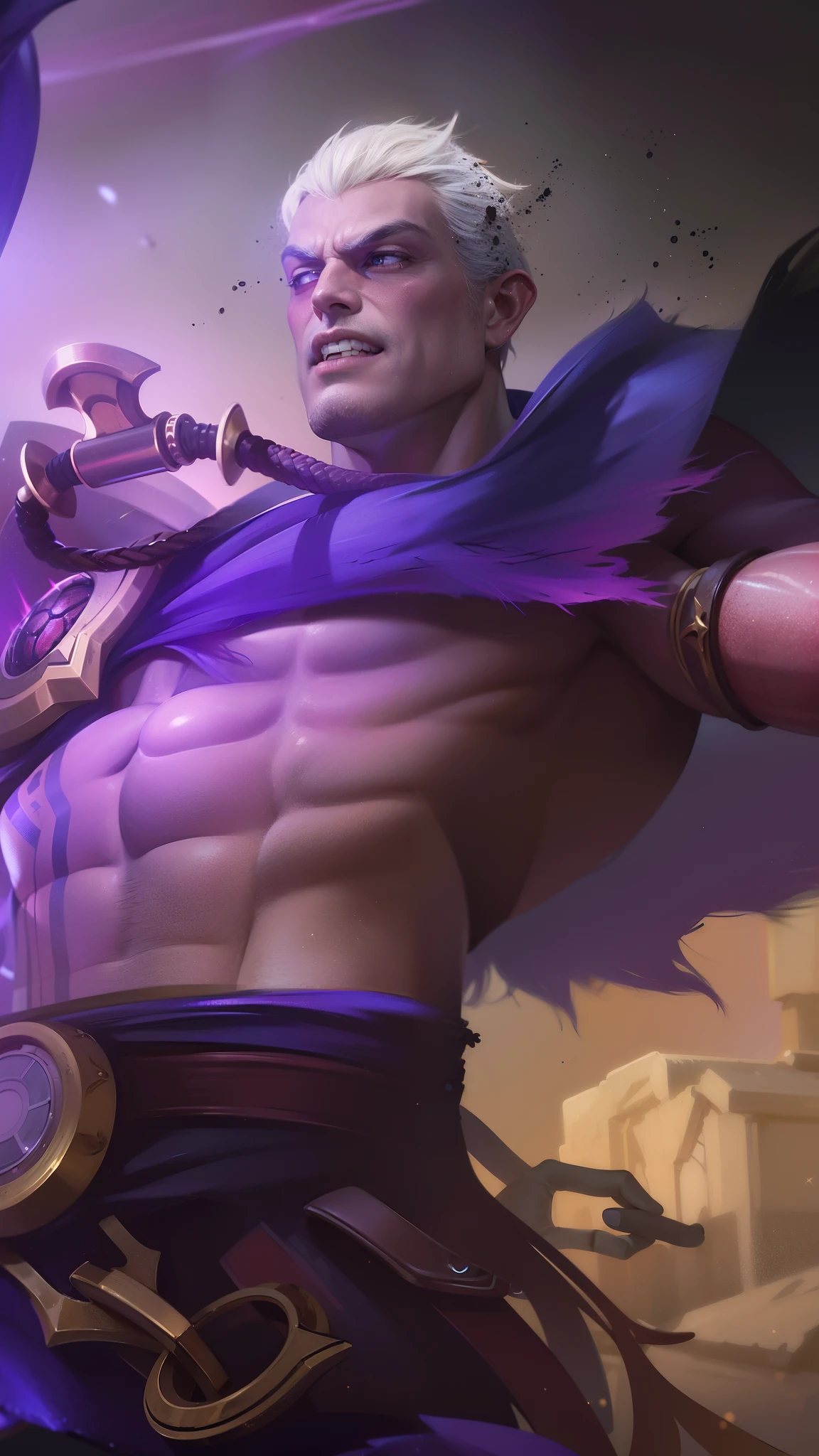 masculine male, masterpiece, ((perfect eyes)) best quality, (semirealism:1.9), beautiful lighting, (extremely detailed CG unity 4k fhd wallpaper), High Detail, Sharp focus, dramatic outdoors,40 years old, brown short hair, blue eyes, smile, Boy with two big horns, big earrings on ears, elf ear, red eyes, Thick eyebrows, evil smile, grinning,red body, red face, Burning skin, yellow diamonds glistening on chest, burning red skin,golden robe behind, big white belt , 8k , realistic, scary.