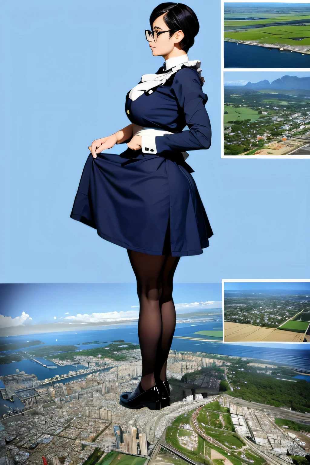 Giantの芸術, 非常に詳細なGiantショット, Giant, short hair, A maid that is much bigger than a skyscraper, wearing rimless glasses, big breasts, big ass, navy maid uniform, black pantyhose, black shoes, very small metropolis, miniature metropolis, crush the big city, full body description, ＧＴＳ, ギガGiant, Stomping City, crash city, Small town, micro city, maid, 