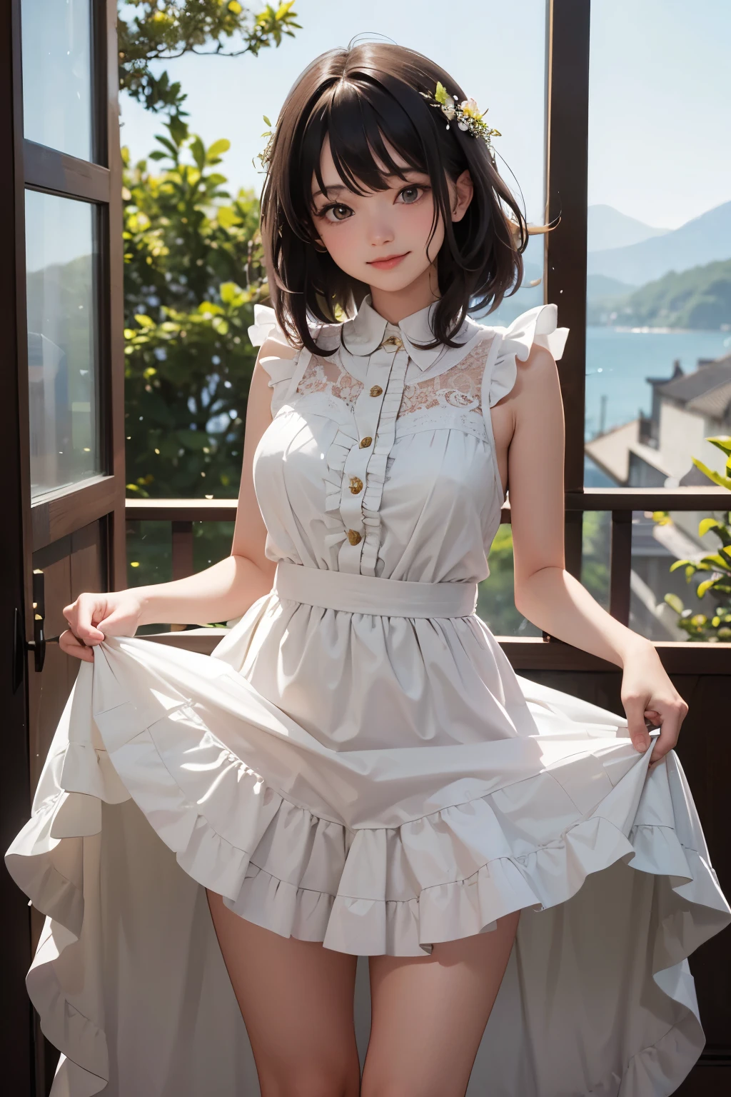 very cute and beautiful girl standing near window,(yellow plaid summer dress with detailed frills),sleeveless,detailed lace,skirt lift,white panties, (highly detailed beautiful face and eyes:1.2),antique hotel bedroom with outside view,distant trees and ocean, cowboy shot,(smile:1.2),blush,medium hair,black hair, (best quality,masterpiece:1.2),absurdres,highres,ultra-detailed,extremely detailed,32k,8k resolution, intricate details,cinematic scene,detailed background,solo,dynamic angle, natural lighting,light particles,beautiful detailed sky,