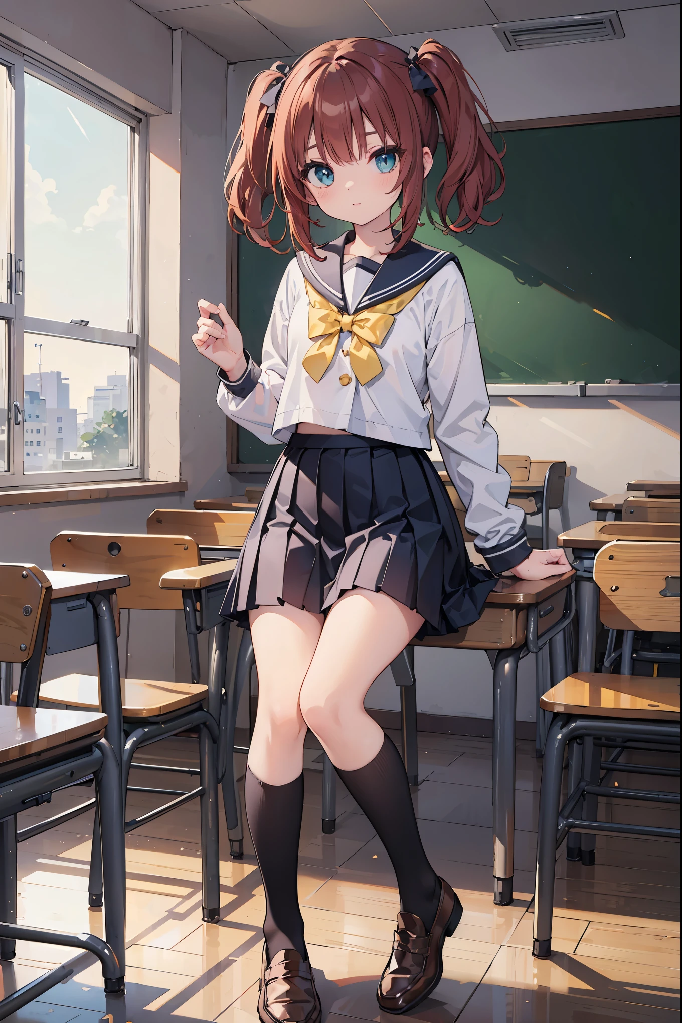 rubykurosawa, ruby kurosawa, aqua eyes, medium hair, red hair, two side up, twintails, (flat chest:1.2),
BREAK black socks, bow, bowtie, brown footwear, buttons, grey sailor collar, grey skirt, loafers, long sleeves, miniskirt, pleated skirt, sailor collar, school uniform, serafuku, shirt, shoes, skirt, uranohoshi school uniform, white shirt, winter uniform, yellow bow, yellow bowtie,
BREAK looking at viewer,
BREAK indoors, classroom,
BREAK (masterpiece:1.2), best quality, high resolution, unity 8k wallpaper, (illustration:0.8), (beautiful detailed eyes:1.6), extremely detailed face, perfect lighting, extremely detailed CG, (perfect hands, perfect anatomy),