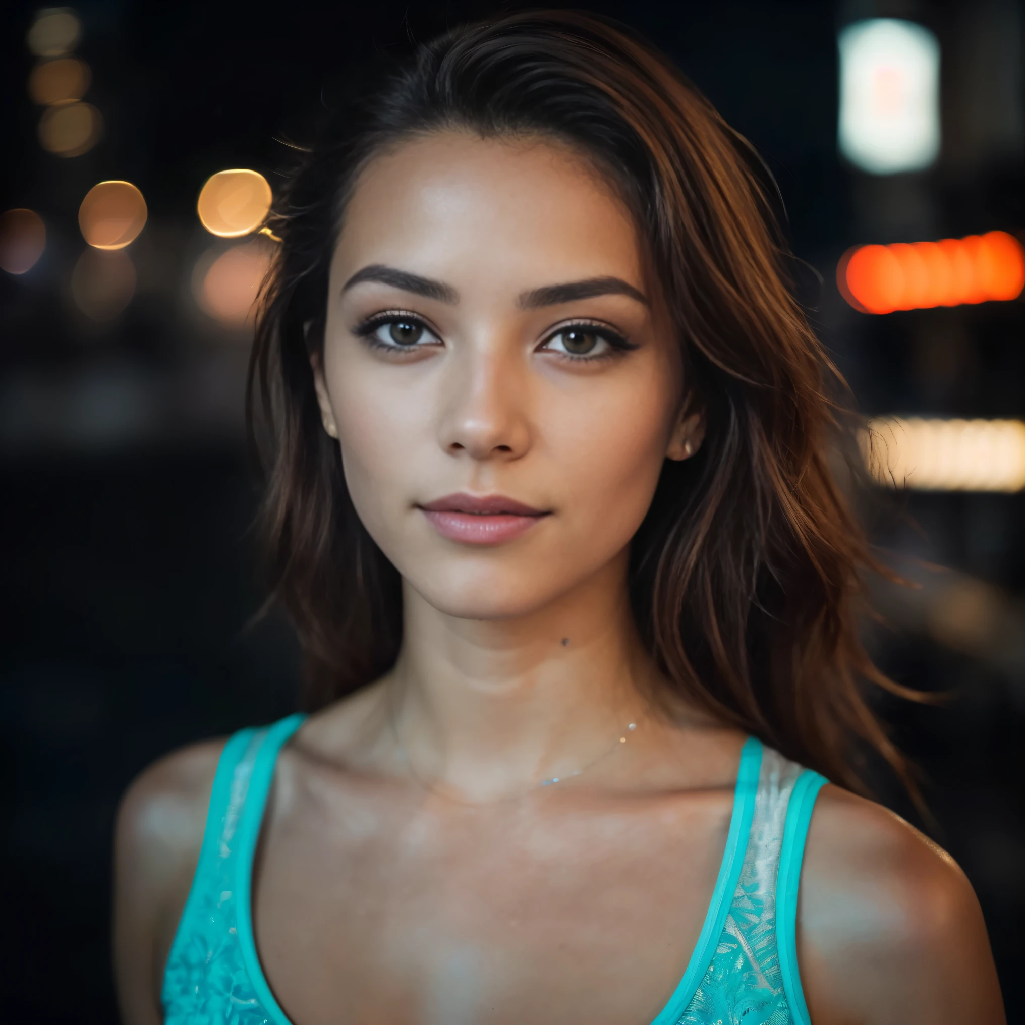 closeup of a woman, city street, nighttime, streetlight, asphalt