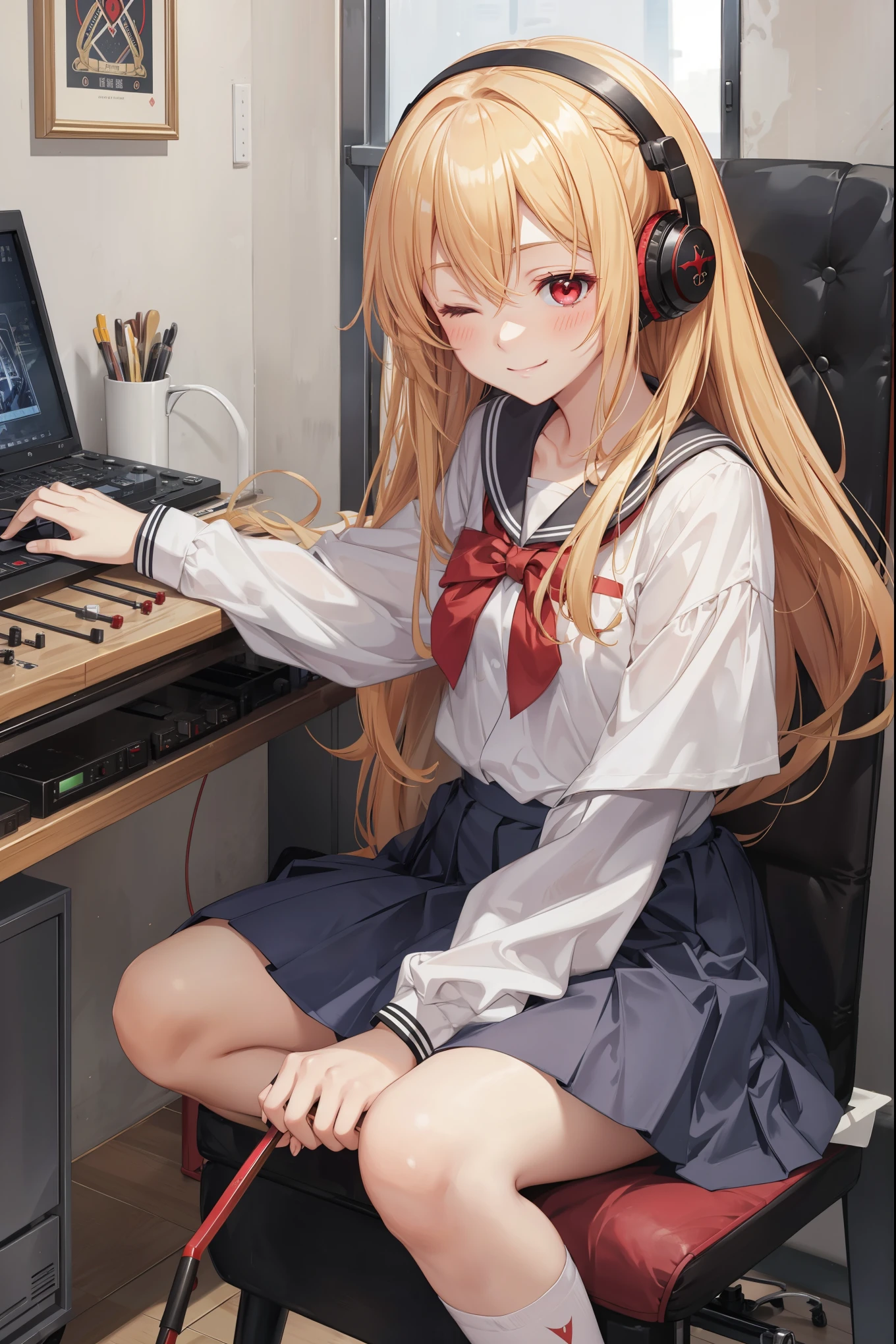 1Girl, golden hair, sharp red eyes but closed 1 eyes, blush, harm smile, wearing high school girl clothes, sitting while playing music tools, make it like tarot anime-style but no frame