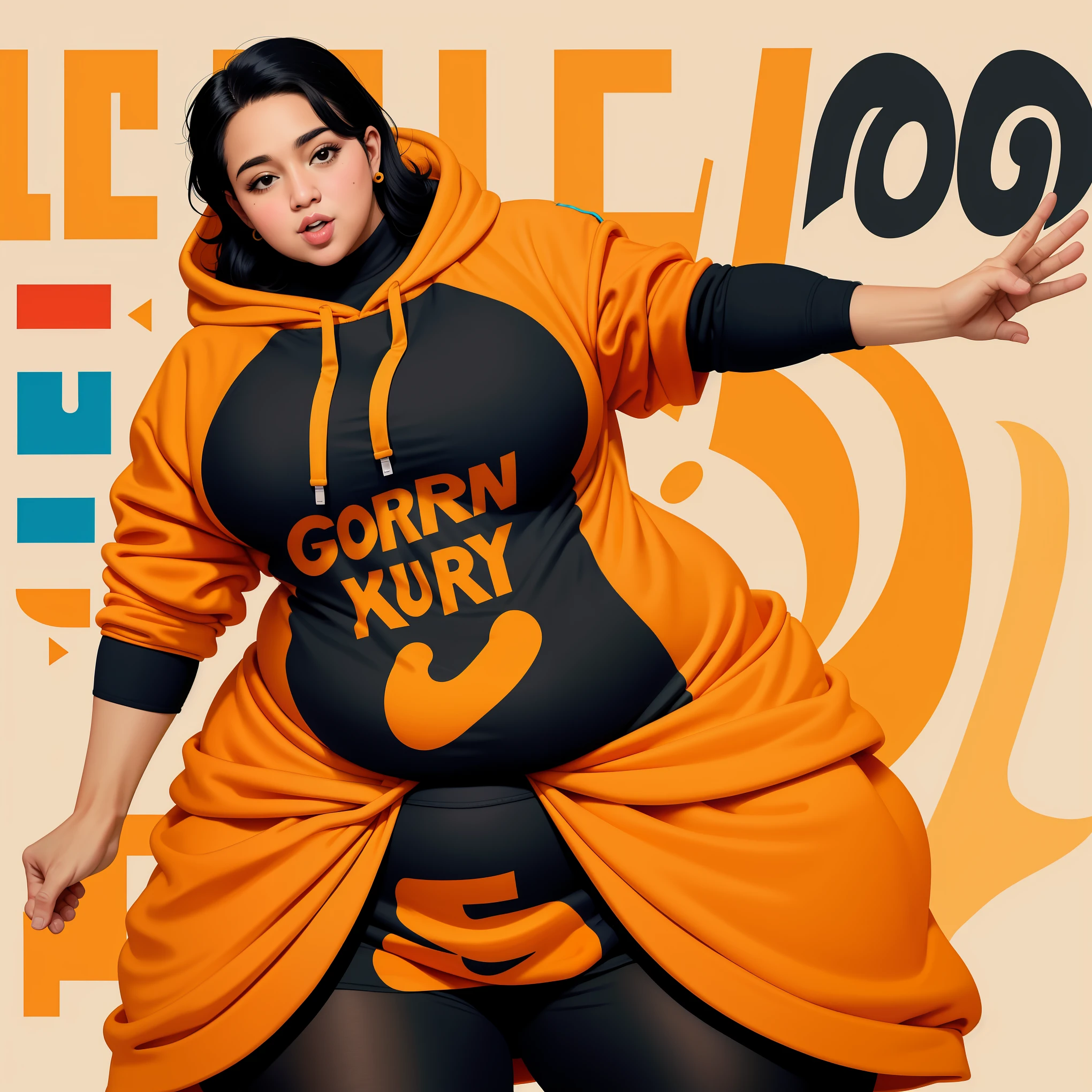 cartoon of a fat woman in an orange hoodie and black tights, moletom com capuz grande, grosso, gordo, gym clothes, fanart de garota urbana, valkyrie style character, laranja e preto, design de personagem altamente detalhado, conceito de personagem irrealista, colored sketch de alta qualidade , design de personagem de corpo inteiro, colored sketch, retrato de corpo inteiro de um curta !, cartoon style illustration, design de roupa, conceito de personagem de corpo inteiro, design detalhado de personagem. Big stomach. barriga larga. gordinho. gordo