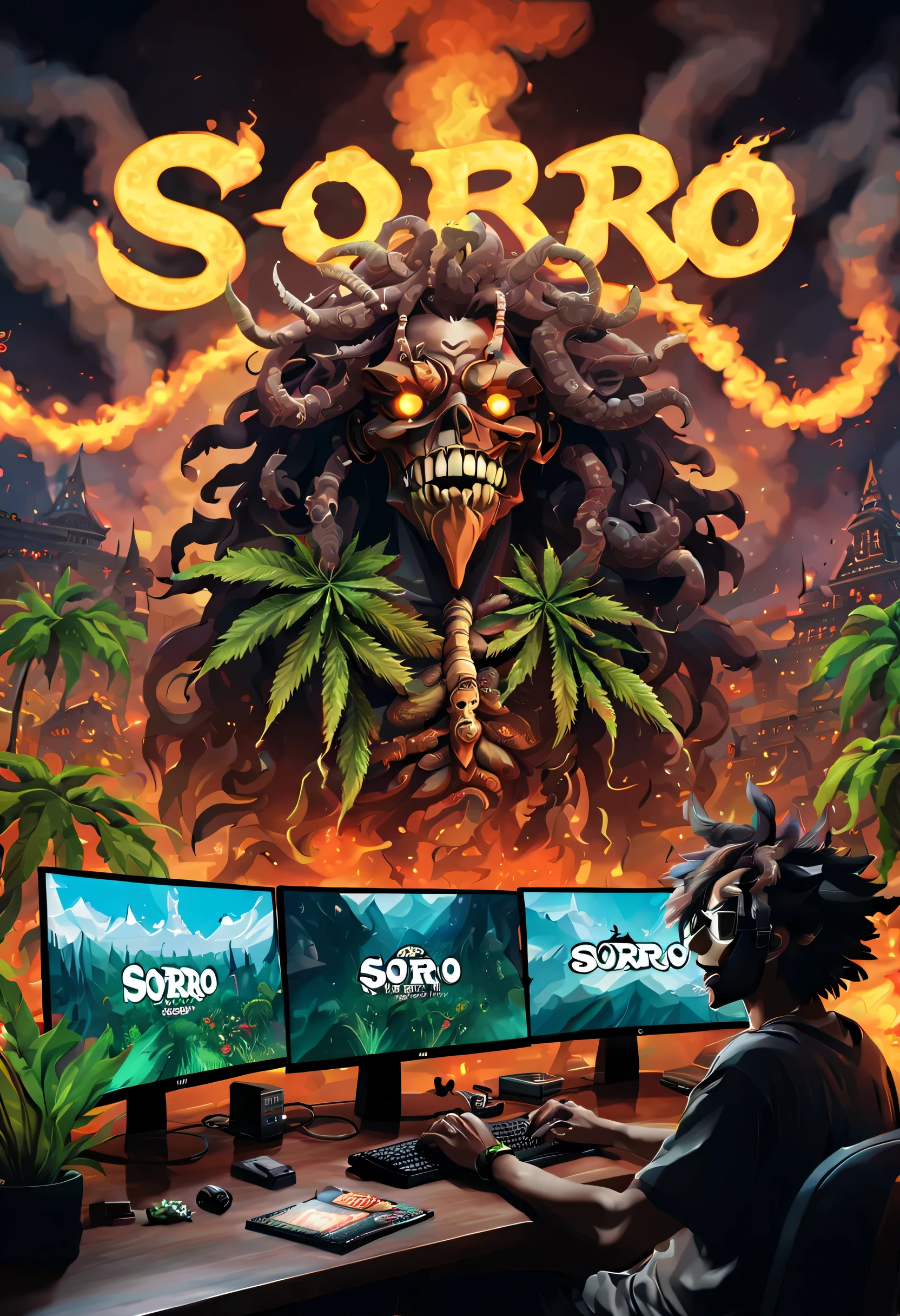 big letters spelling the word SORO,anime style, a dude playing a mmorpg on pc desk with screen showing the game runing in 32k, highly detailed , he smoking a huge weed joint the room is full of smoke ,demons in the backgroung hunting the gamer with creepy lokking eyes, curly hair north west african, the word SORO IS ON SCREEN , mask on
