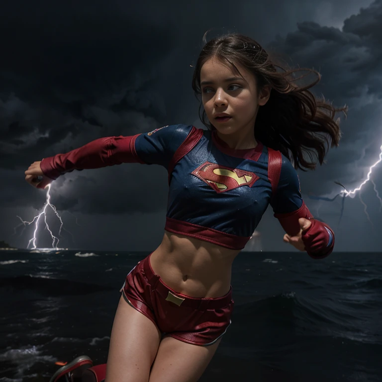 Small female superhero in a short outfit, con falda, ajustado a su cuerpo, volando, in the middle of a storm with lightning,