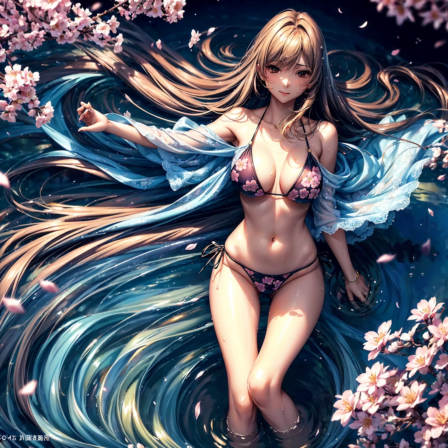 (((highest quality、masterpiece、very high resolution))),(There is a woman with perfect and ultimate beauty..,beautiful figure,beautiful face,beautiful skin,beautiful breasts,Well-formed eyes and nose)、(Slender and beautiful body with beautiful breasts:F cup,best hair texture,Best skin texture)、((Cute bikini swimsuit:floral and colorful)),(Fantastic waterside,There is a waterfall,Night cherry blossoms and lanterns,mysterious night sky、beautiful scenery),(water play,beautiful pose,model shoot,Hair flutters under the influence of the wind),(realistic portrait,bijinga),Overall image、accurate anatomy、Image without defects、highly detailed images、accurate image、beautiful images,perfect image、beautiful anime woman, beautiful art style, anime character、(best shot,RAW photo)、