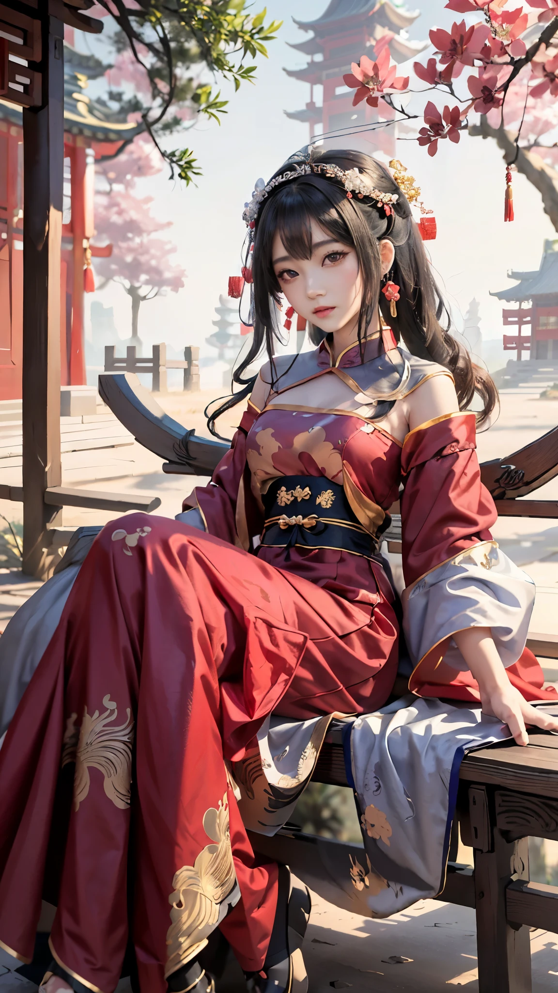 a woman in a red dress sitting on a bench under a tree, palace , a girl in hanfu, guweiz, wearing ancient chinese clothes, cute anime waifu in a nice dress, chinese style, beautiful anime girl, flowing hair and long robes, by Yang J, beautiful anime woman, beautiful alluring anime woman, artwork in the style of guweiz