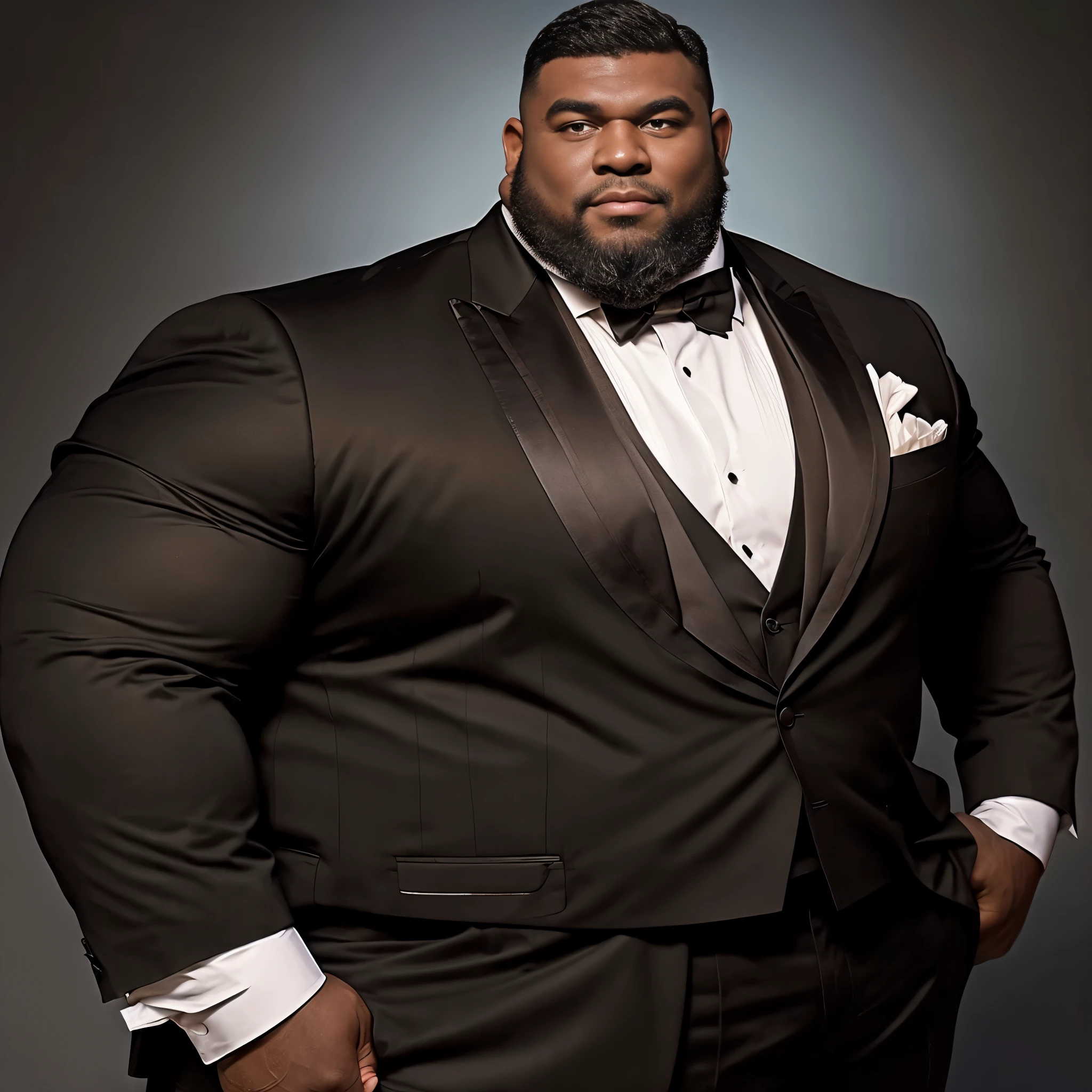 American man、dark skin color、big body、strong beard、Very large body、Very large muscles、wearing a black long-sleeved tuxedo、6 pack、Crisp face、Muscle Pose、detailed crotch、and draw the whole body、Bald head、Plump crotch、Lack of hair、Mouth kissing