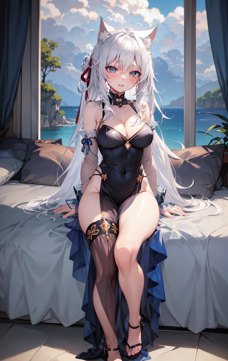 Alisa mikhailovna kujou, Ojos azules cristalimos, mejor calidad, ojos en alta definicion, super detallados, best quality, ultra detailliert, 4k anime girl, anime - style image of a woman with long white hair and a cat ears, wavy hair, perfect white haired girl, ocean blue eyes, face cute, perfect fingers, slim toned body, perfectly proportions, full body, undress, without clothes, naked, stark-naked, seductive anime girl, small curvaceous, large breasts, beautiful breasts, cleavage of the breasts, angle to show off breasts, show off nipples, bedroom background, trending on artstation pixiv, azure lane style