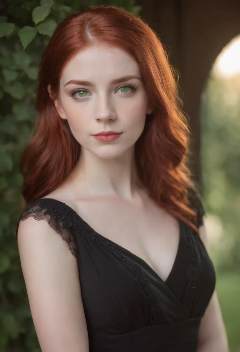18 year old woman, wearing a black dress, green eyes and red hair, with clear details, image taken on a 60d canon