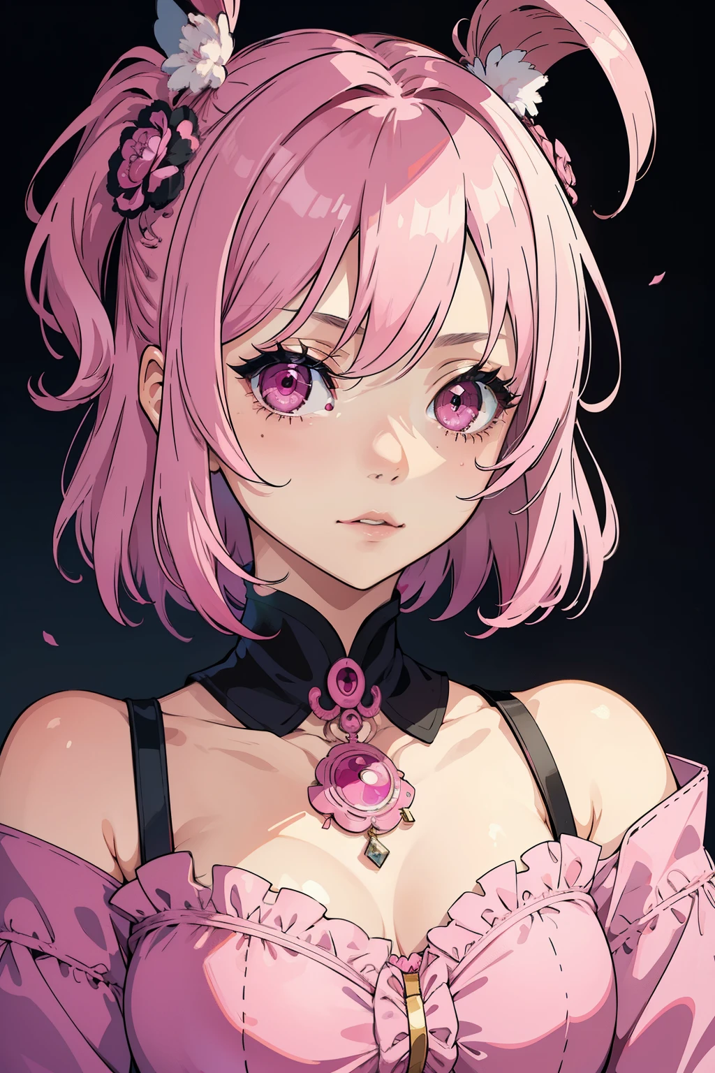 masterpiece,Best quality,1 girl,One,Upper body, portrait,pink,hair, colors,pink eyes,