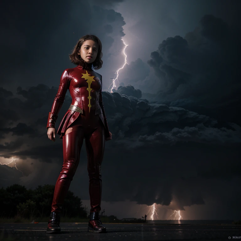 Small 10-year-old female superhero in a latex suit, corto, with small skirt, ajustado a su cuerpo, volando, in the middle of a storm with lightning,