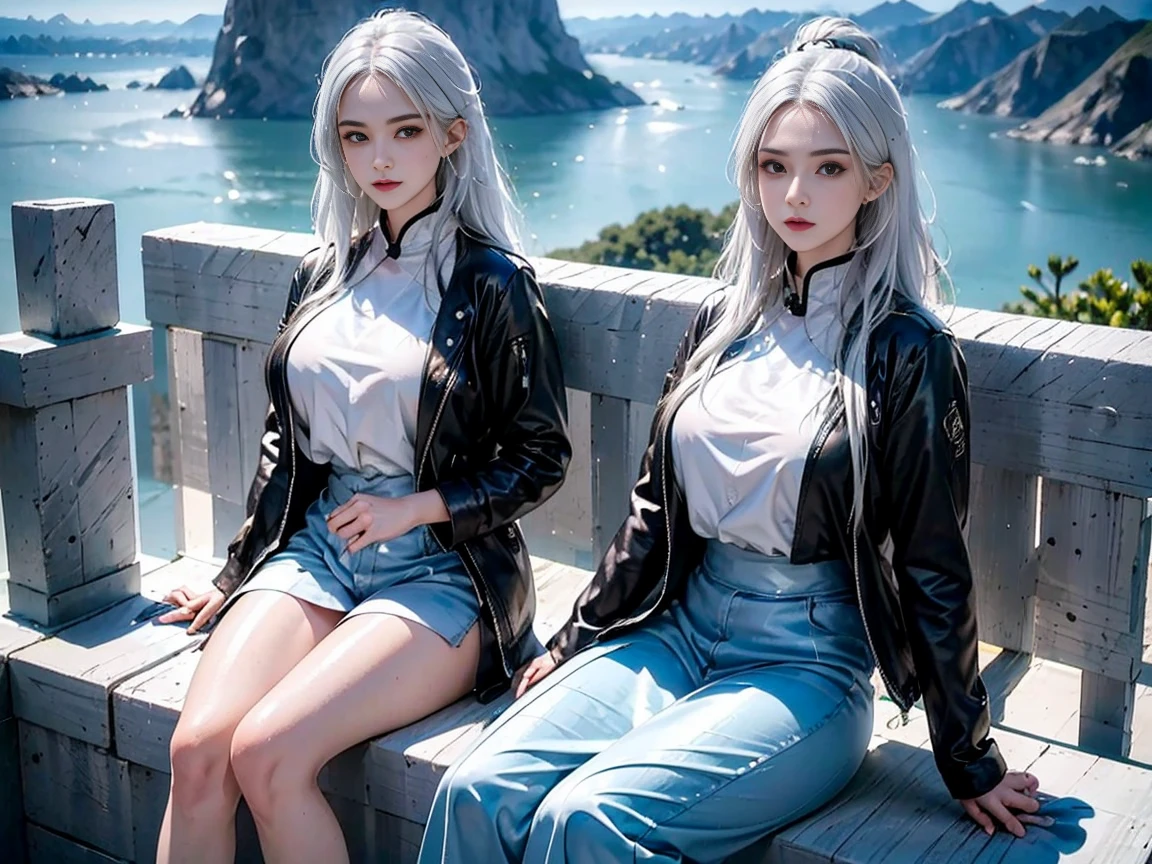 1 20 years old girl, silver hair,Lemuria,A landscape filled with sparkling rainbows,water and green landscape,Holding the blue planet in your hands, Being in the air, bird's eye view, SF Metropolis, There is glare,precise scenery,masterpiece