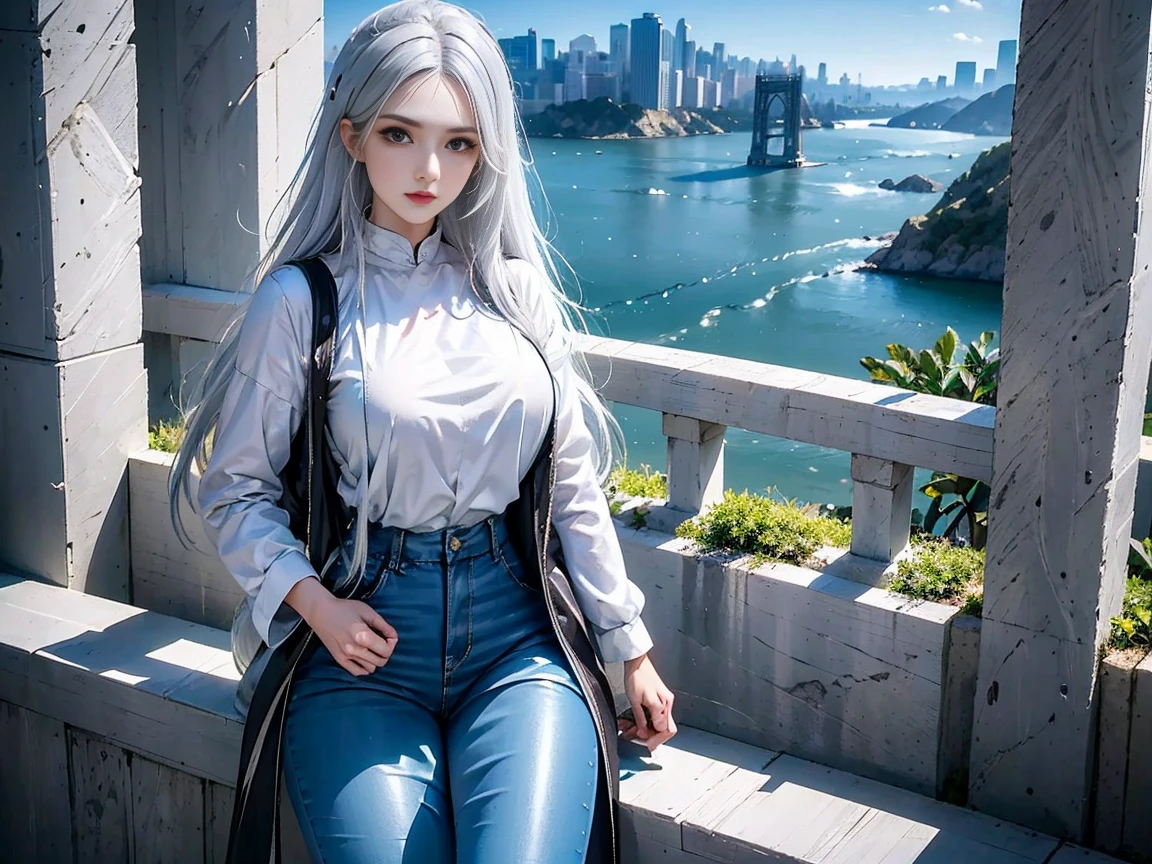 1 20 years old girl, silver hair,Lemuria，A landscape filled with sparkling rainbows,water and green landscape,Holding the blue planet in your hands, Being in the air, bird&#39;s eye view, SF Metropolis, There is glare,precise scenery,masterpiece