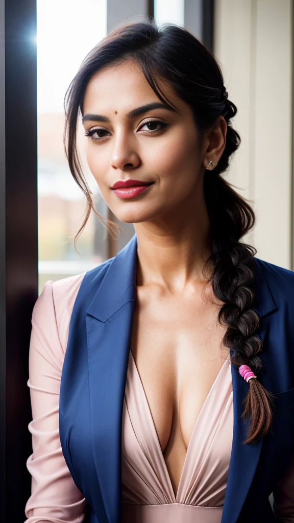 create a hyper realistic vertical photo of Indian most attractive woman flirty gaze in her 40s, blue suit,  trending on art station, portrait, digital art, modern, sleek, highly detailed, formal, determined, CEO, colorized, smooth, charming, pretty, soft smile, pink lipstick, soft lips, braid hair style