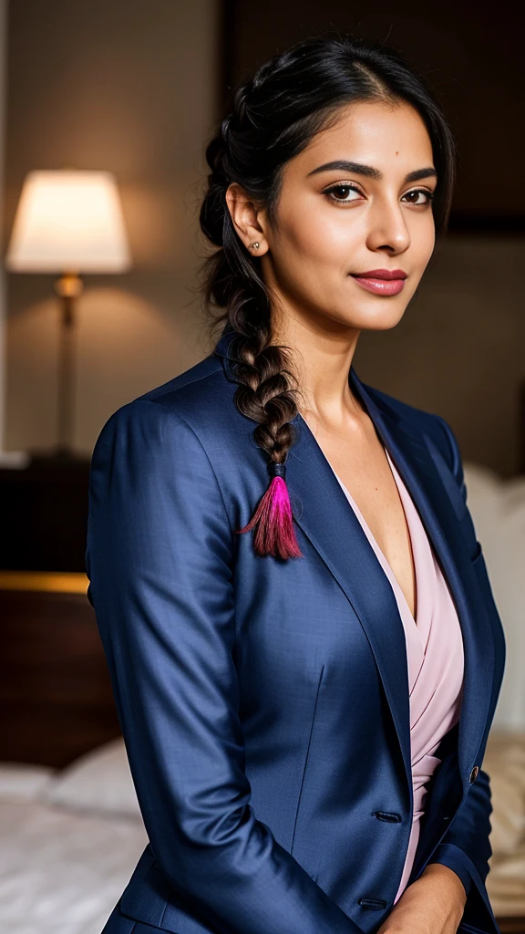 create a hyper realistic vertical photo of Indian most attractive woman flirty gaze in her 40s, blue suit, trending on art station, portrait, digital art, modern, sleek, highly detailed, formal, determined, CEO, colorized, smooth, charming, pretty, soft smile, pink lipstick, soft lips, braid hair style