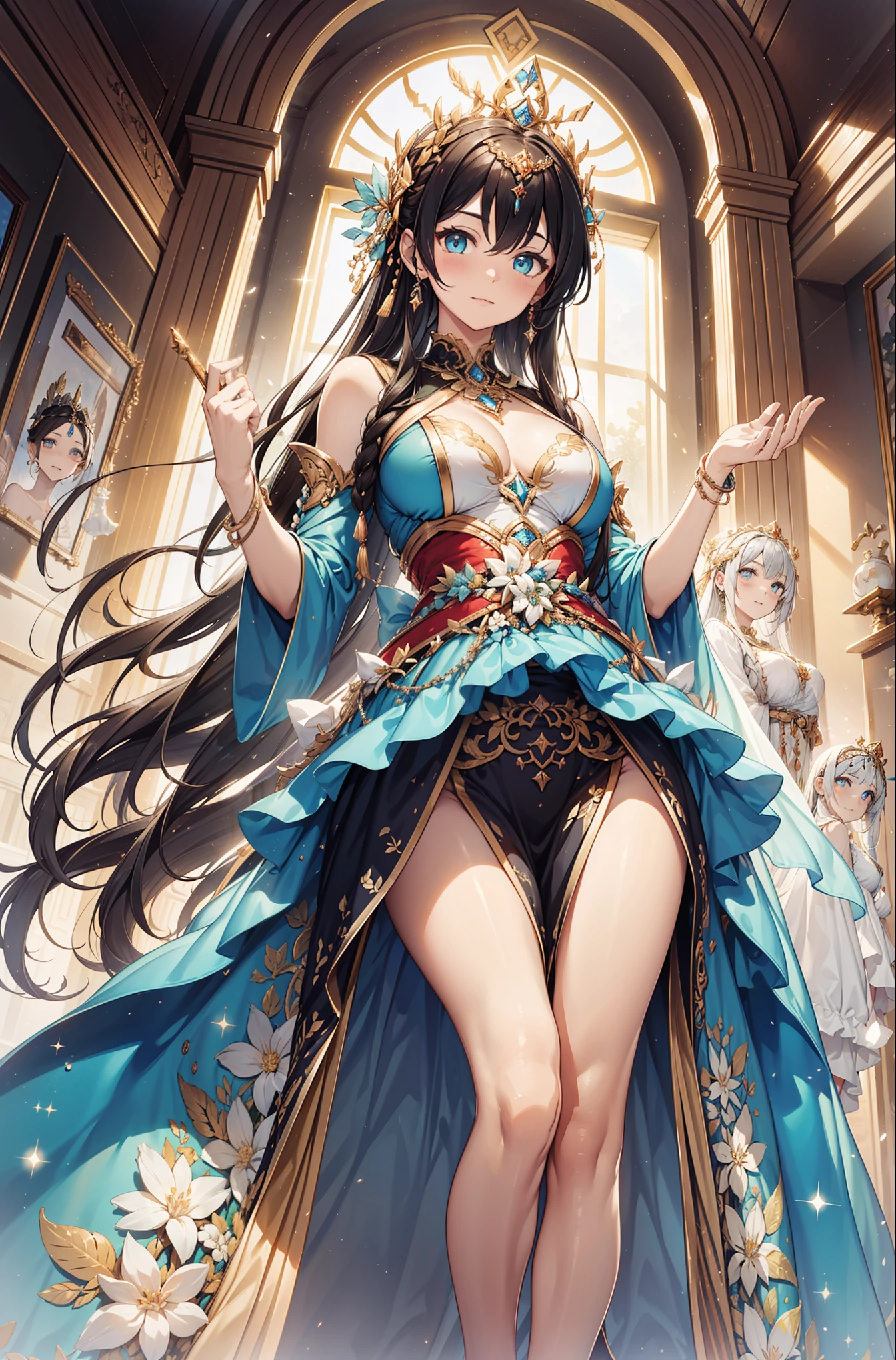 {{{{masterpiece}}}}， {{{Super detailed}}}， {{{high definition}}}， {{good anatomy}}， （（（best quality）））， （（Very delicate and beautiful））， {{Very detailed and refined}}， {8k CG wallpaper}， {{Enlightenment}}， (sacred goddess dress:1.2)，blond，Exquisite and beautiful eyes in random colors，super ultra detail，Ruffles，Transparent lace，Exquisite accessories，Exquisite pattern，Beautifully dressed，Mythical Crown，see through transparent clothes，sacred patterns，Beautiful and delicate face，asgard background，Dreamy，fog，light particles，night，the only person，(flowing skirt:1.1)，tempting pose