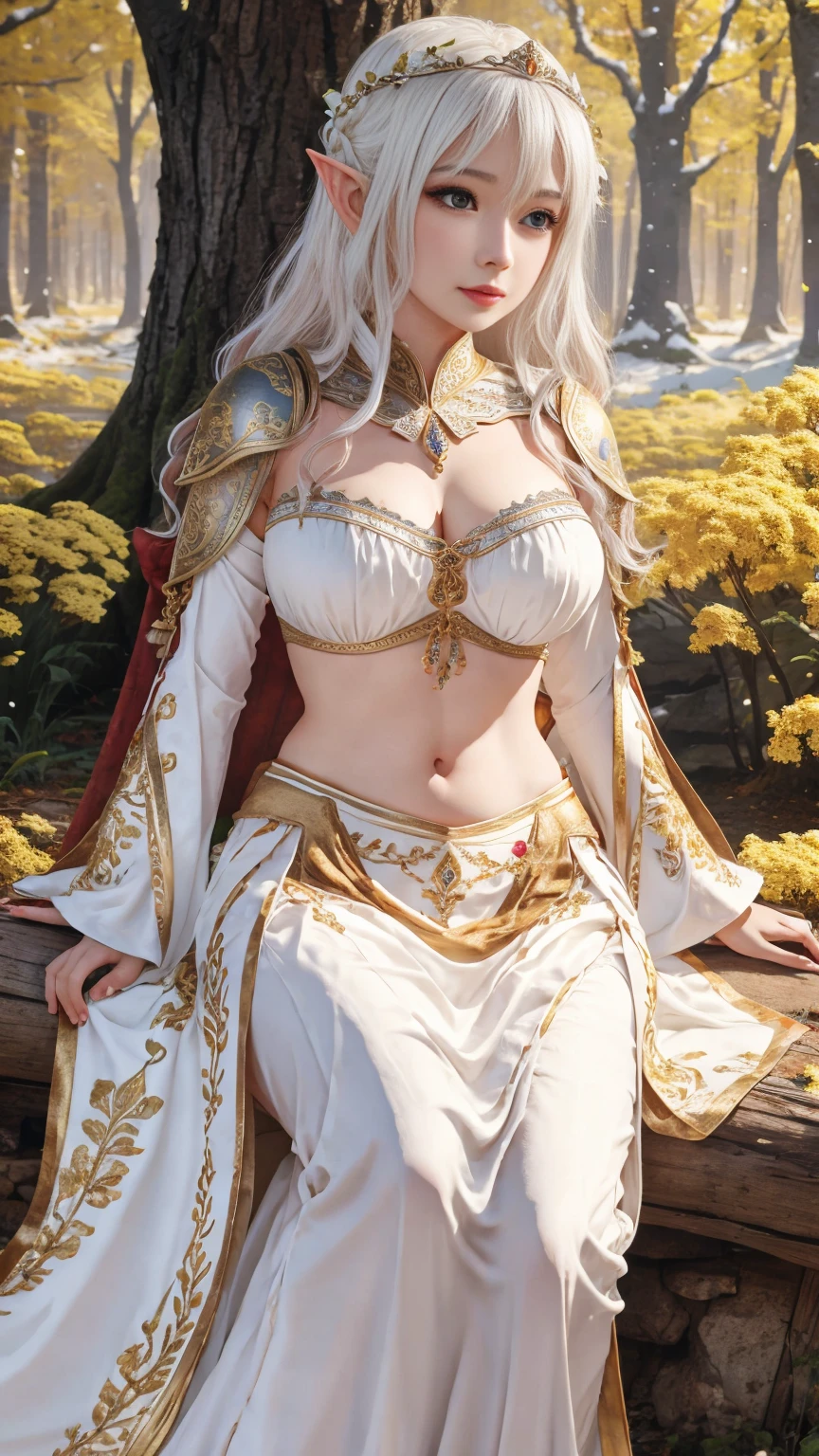 Beautiful white elf princess,Wearing a snow white skirt,embroidered with golden flowers,exposed abdomen,Live-action texture,Delicate picture quality,Ultra HD resolution,The background is a sunny forest。Three-dimensional super texture