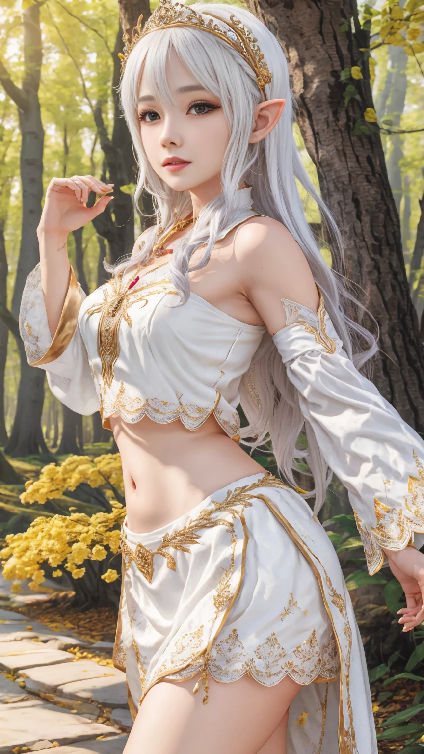 Beautiful white elf princess,Wearing a snow white skirt,embroidered with golden flowers,exposed abdomen,Live-action texture,Delicate picture quality,Ultra HD resolution,The background is a sunny forest。Three-dimensional super texture